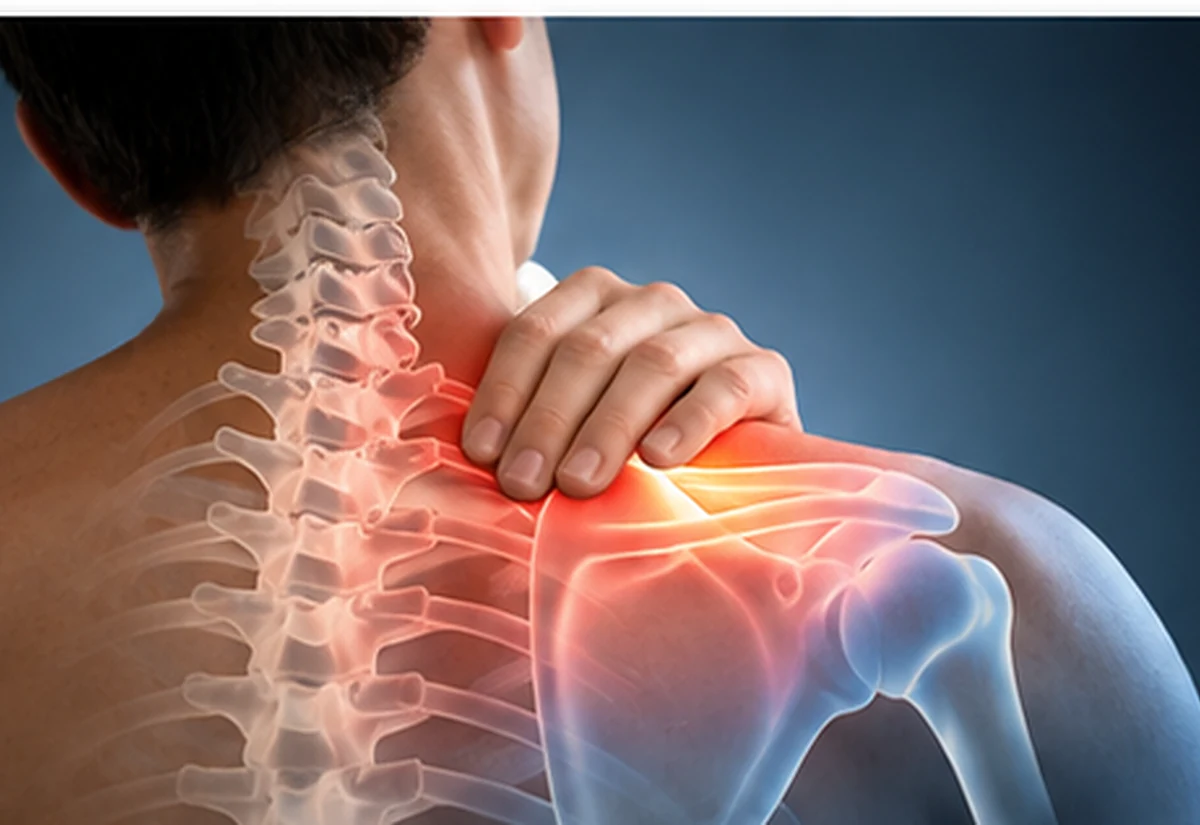 Medical illustration showing neck and shoulder discomfort after an accident