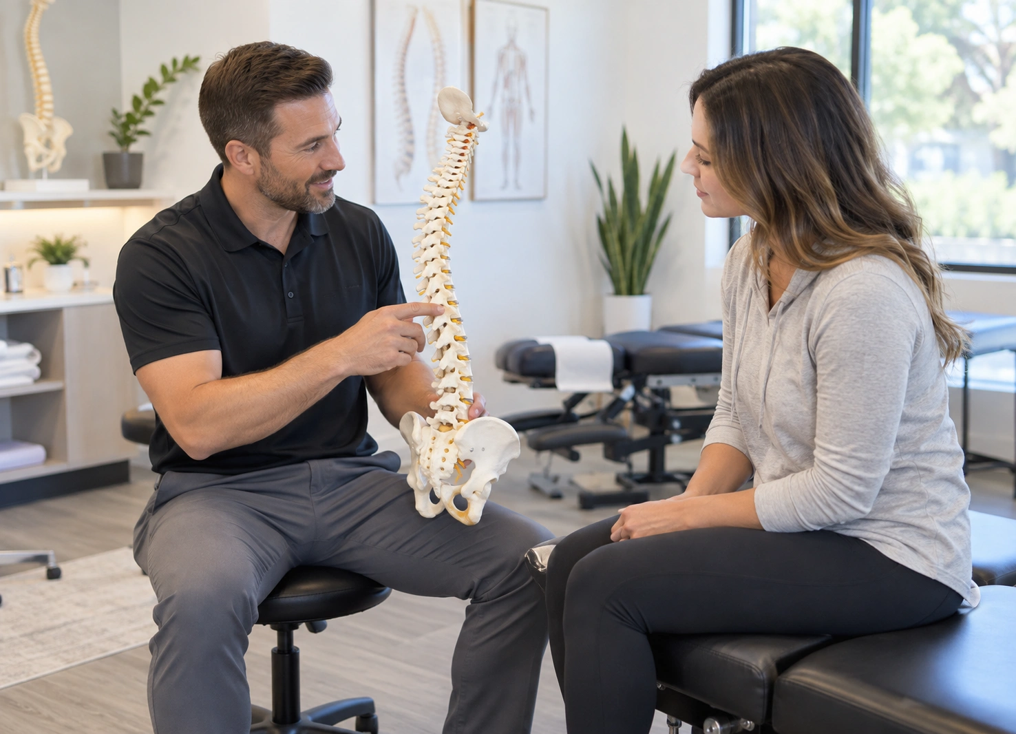 Illustrative image of a chiropractor discussing spinal health with a patient