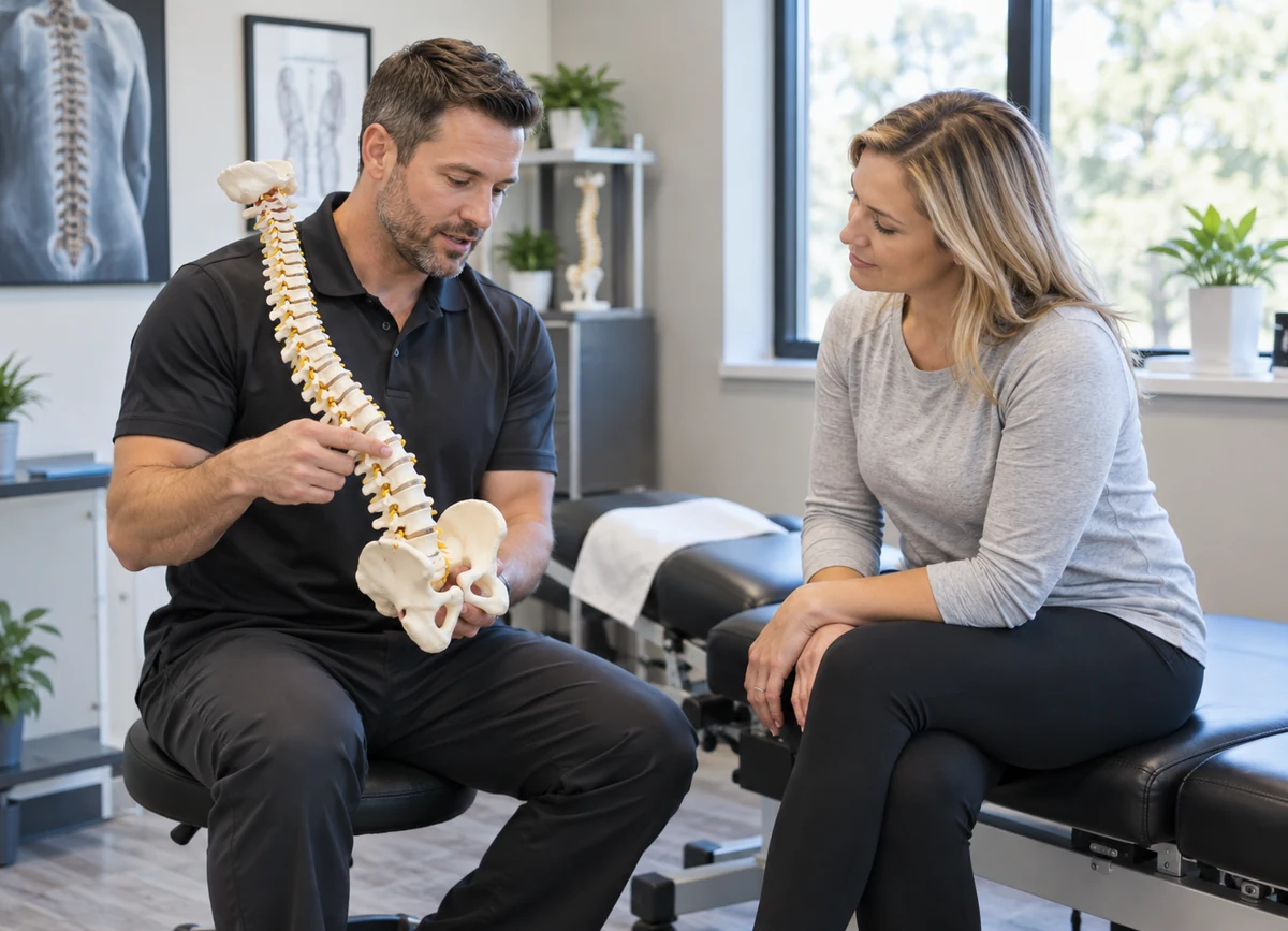 Chiropractor consulting with a patient about spine health