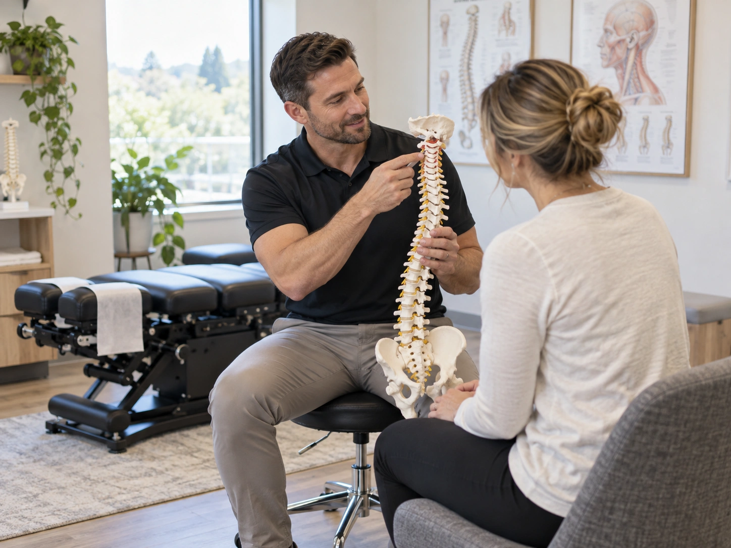 Illustration of a chiropractic consultation for neck discomfort