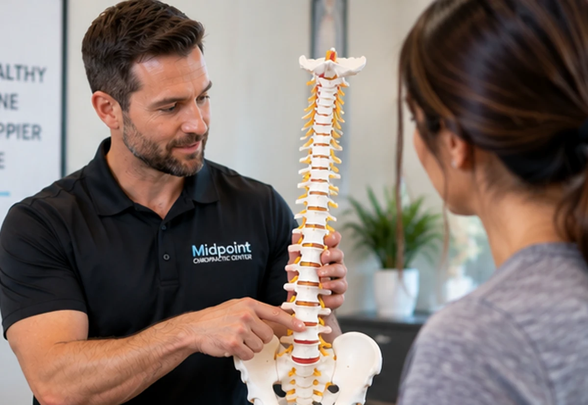 Illustration of a patient discussing lower-back and leg pain with a chiropractor