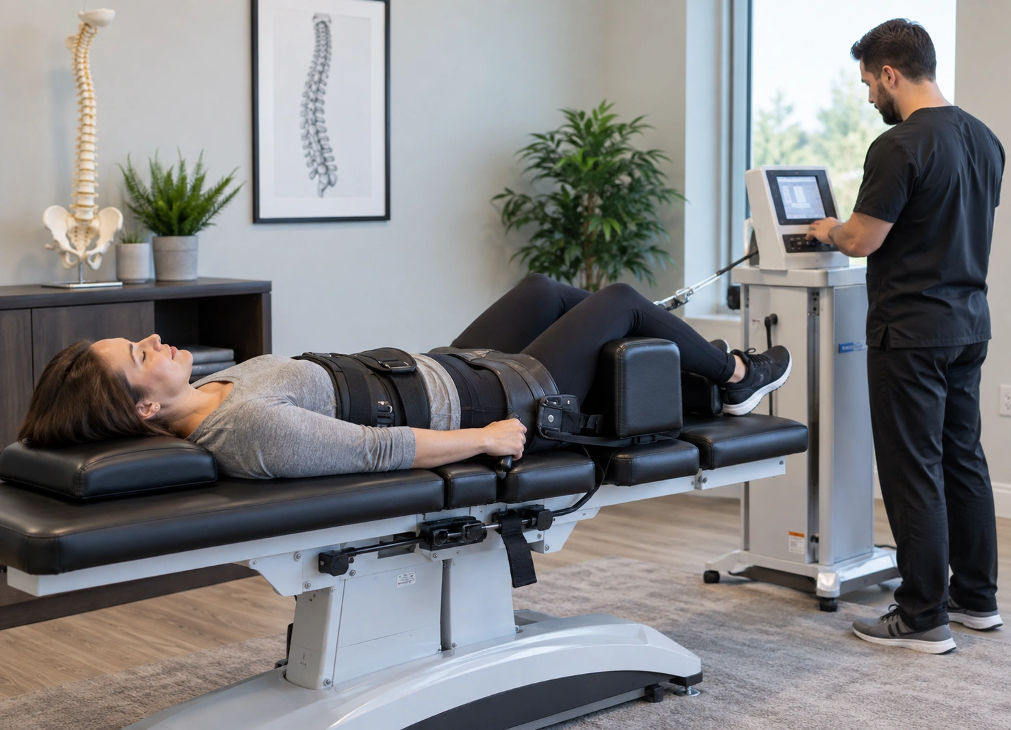 Patient undergoing non-surgical spinal decompression on a treatment table