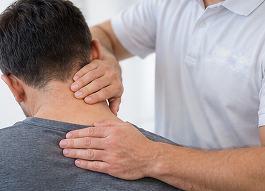 Chiropractor assessing a patient's neck mobility