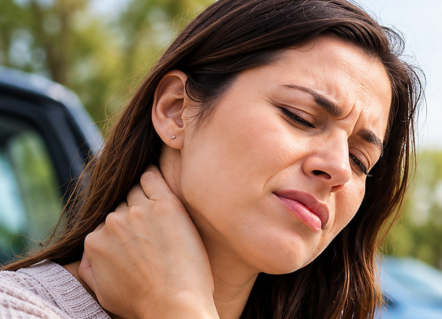 Woman holding her neck after a vehicle collision